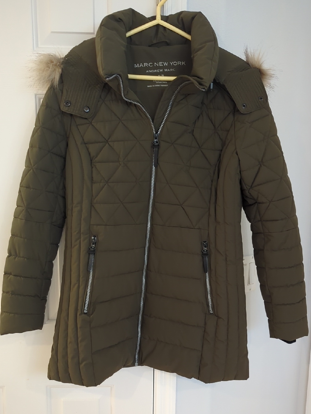 Marc New York Olive Green Quilted Puffer Coat with Faux Fur Trim